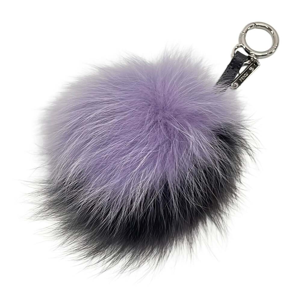 Fendi Pompom Charm Bag Charm Dark Gray Light Purple Silver Fur Leather
